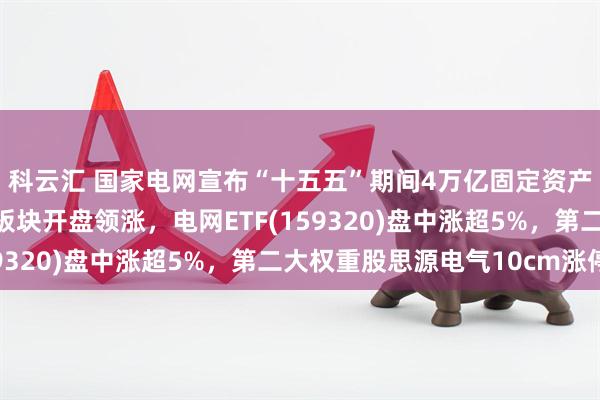 科云汇 国家电网宣布“十五五”期间4万亿固定资产投资计划，电网设备板块开盘领涨，电网ETF(159320)盘中涨超5%，第二大权重股思源电气10cm涨停